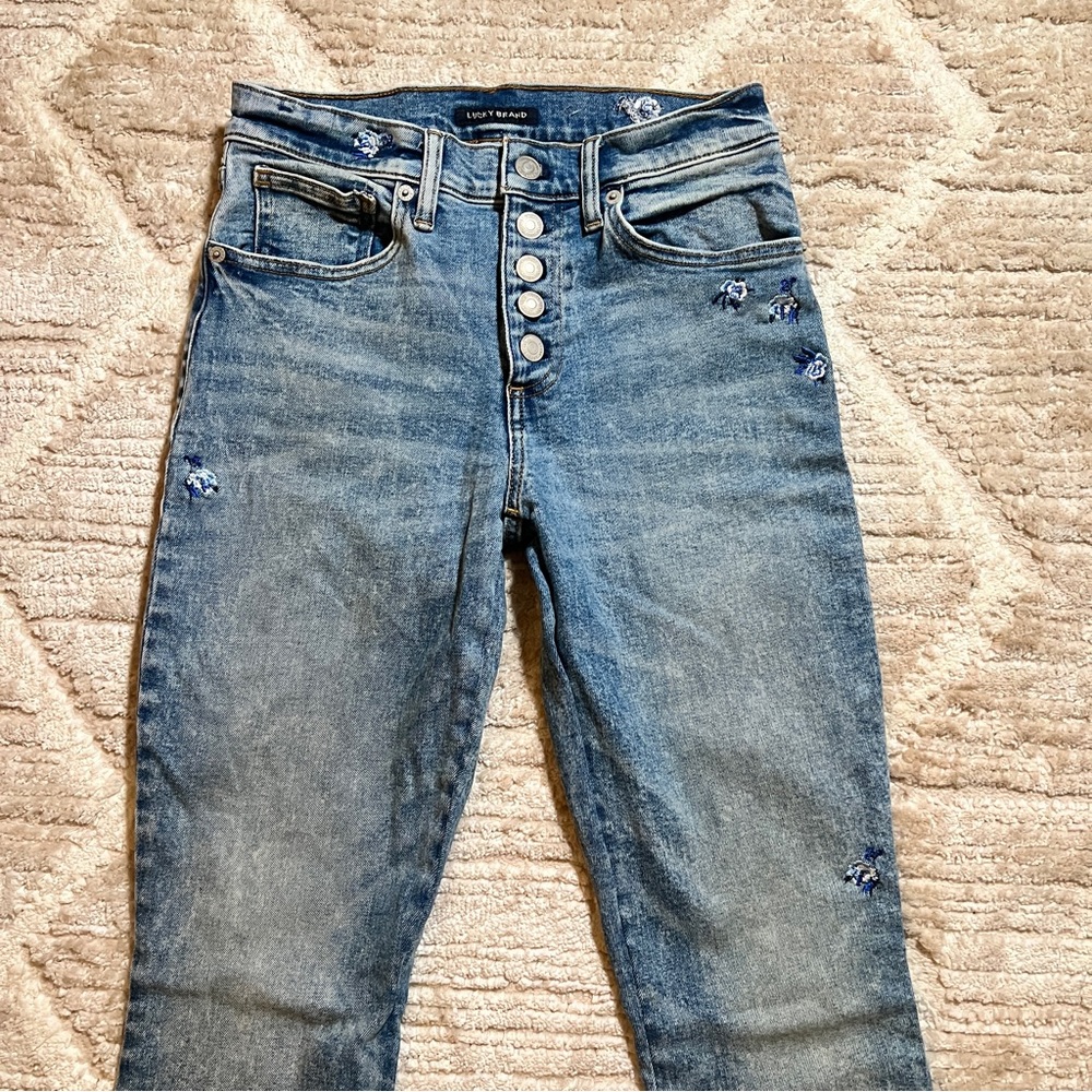Lucky Brand Mid Rise Skinny Ava Womens Jeans Floral Embroidered